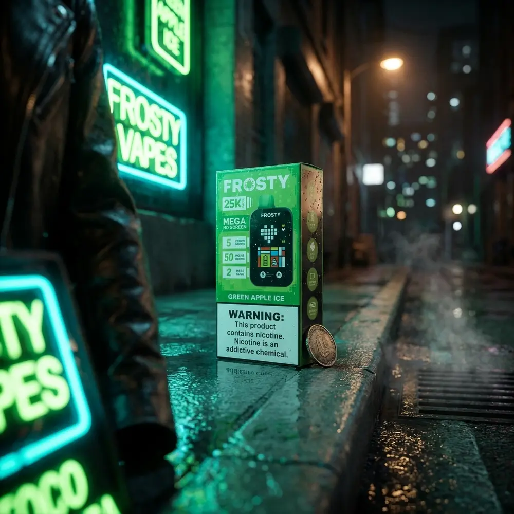 Pod Descartavel Frosty Green Apple Ice apoiado em meio urbano molhado com reflexos neon verdes e bokeh de cidade - Vapor Gringo