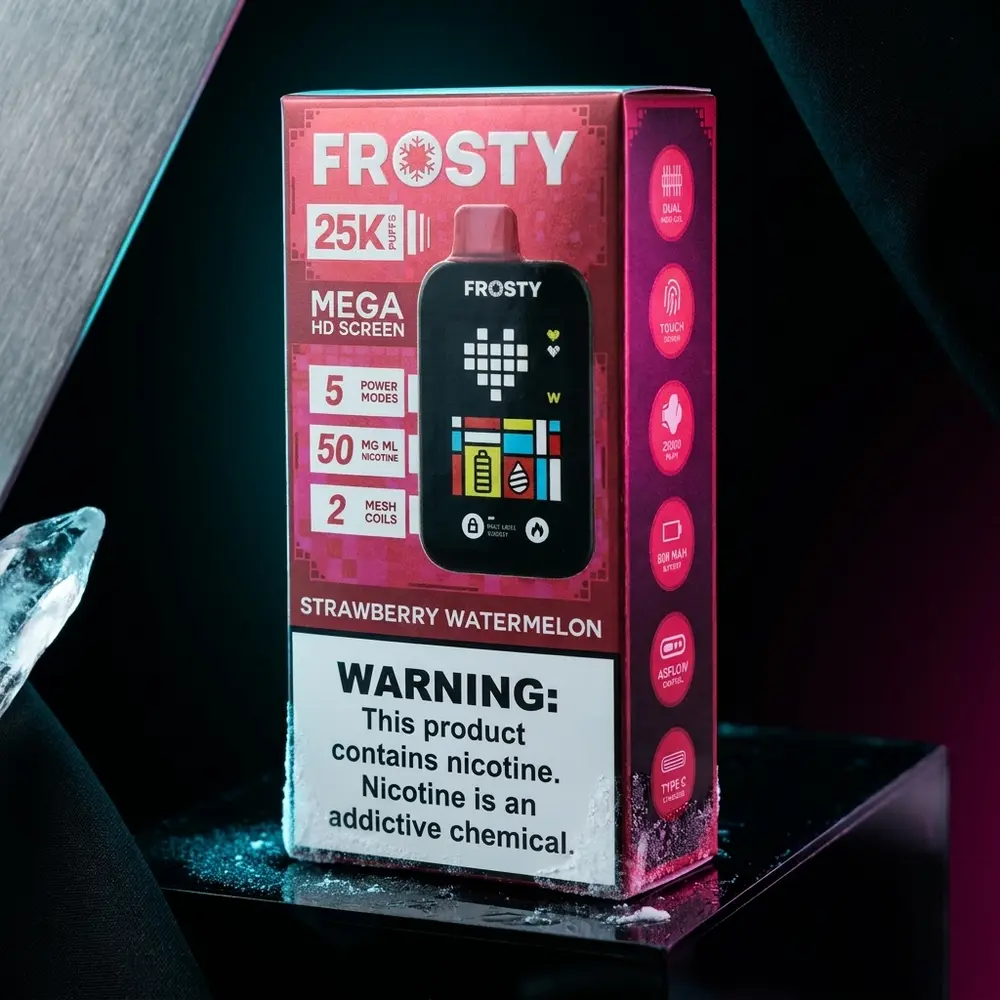 Pod Descartavel Frosty 25.000 puffs em close sobre acrilico preto brilhante com luzes teal e magenta - Vapor Gringo