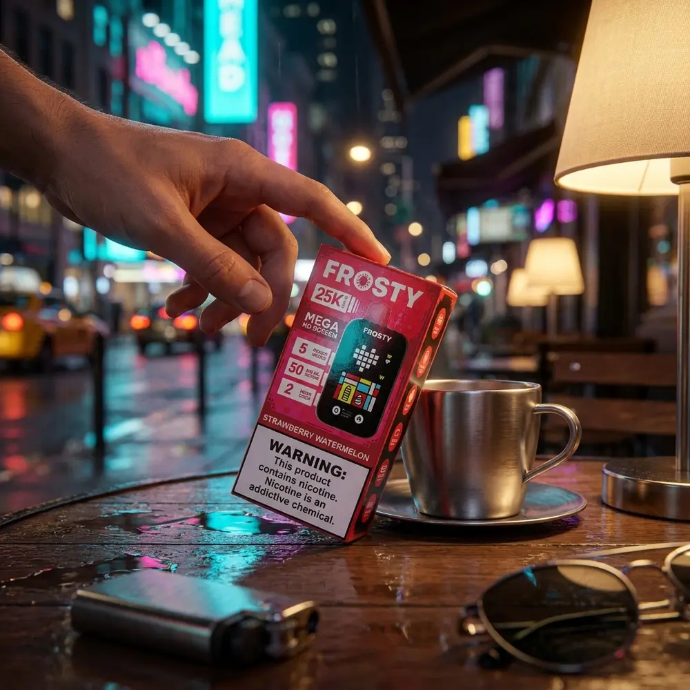 Pod Descartavel Frosty apoiado em mesa molhada de rua com luzes neon e reflexos urbanos ao fundo - Vapor Gringo