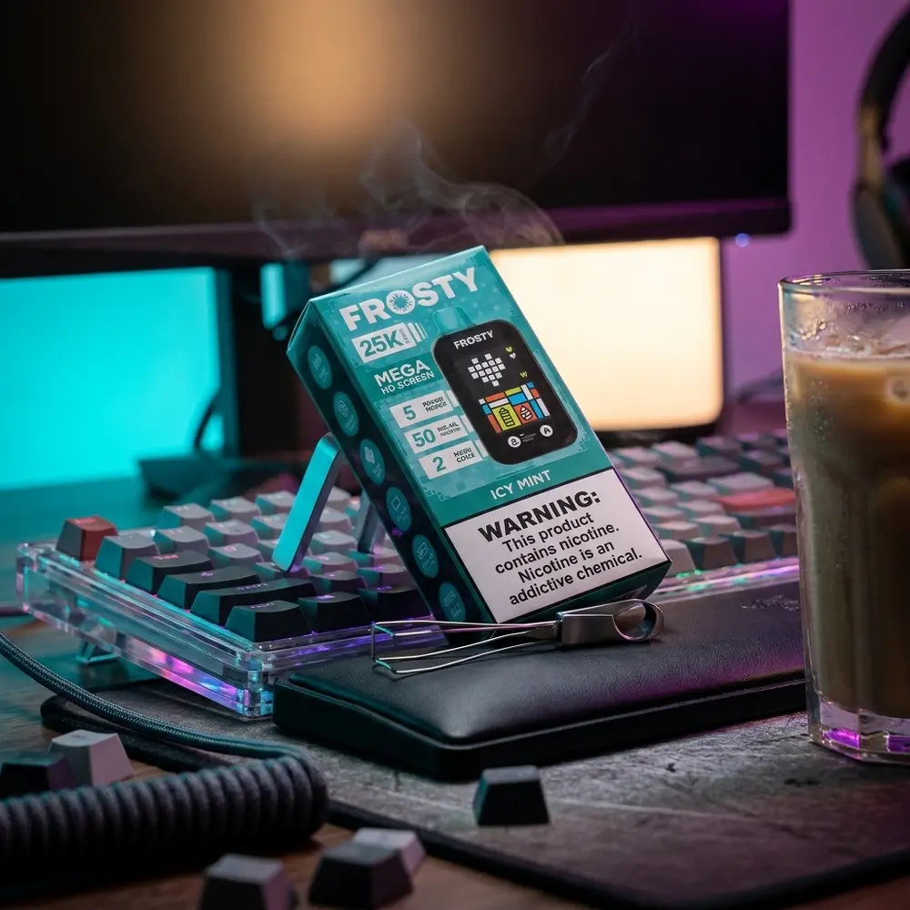 Pod Descartável Frosty Icy Mint apoiado num teclado gamer RGB com reflexos ciano e magenta - Vapor Gringo