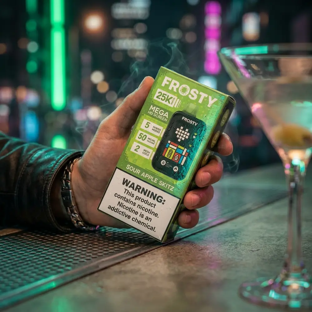 Pod Descartável Frosty Sour Apple Skitz na mão de um vaper, bar noturno com luzes neon e vapor sutil ao fundo - Vapor Gringo