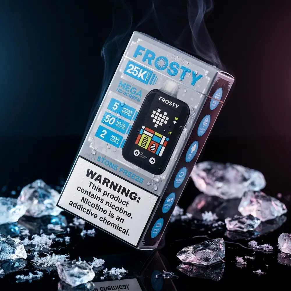Pod Descartável Frosty Stone Freeze suspenso sobre acrílico com gelo e luz fria em estúdio luxuoso - Vapor Gringo