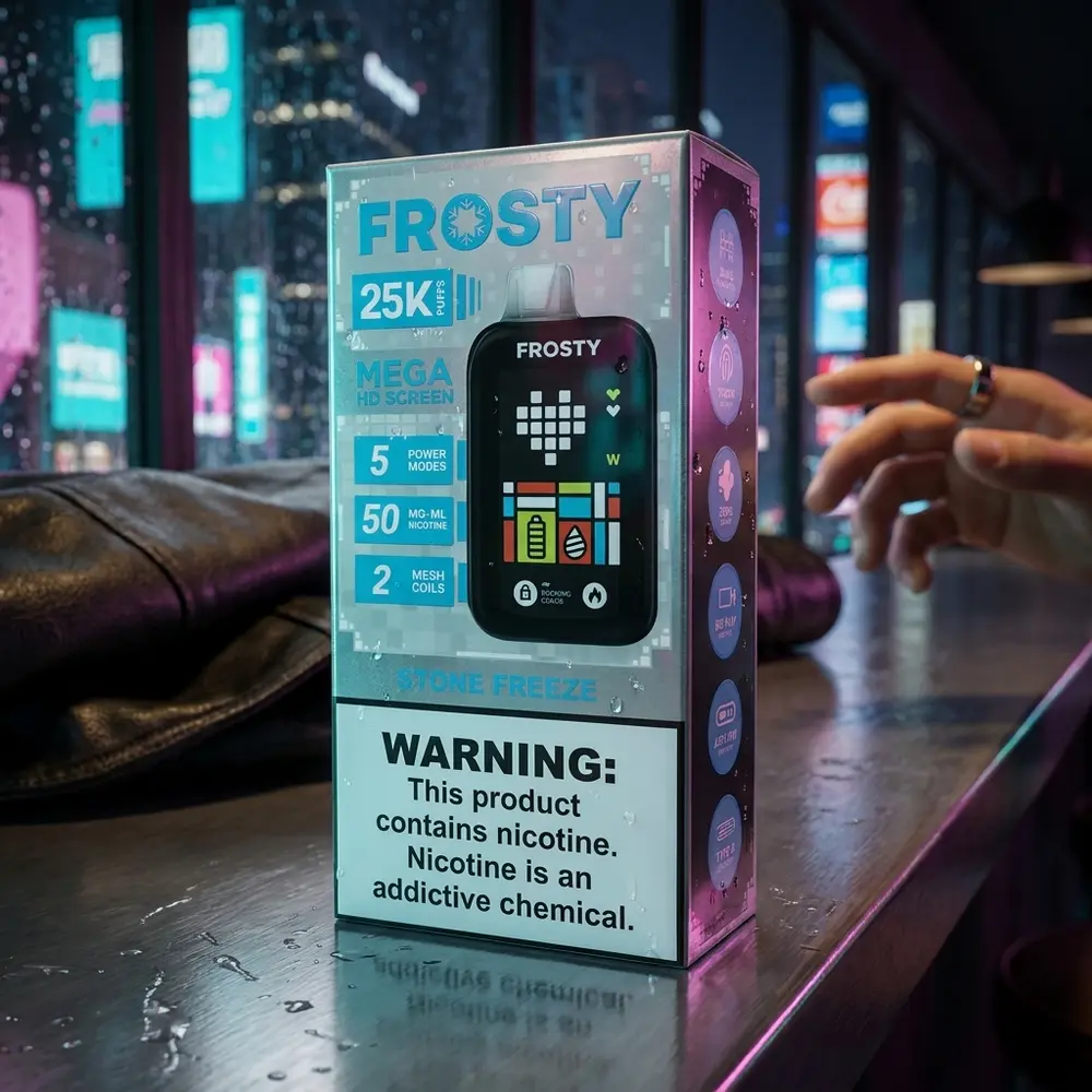 Pod Descartável Frosty Stone Freeze sobre balcão molhado com reflexos neon urbanos e mão ao fundo - Vapor Gringo