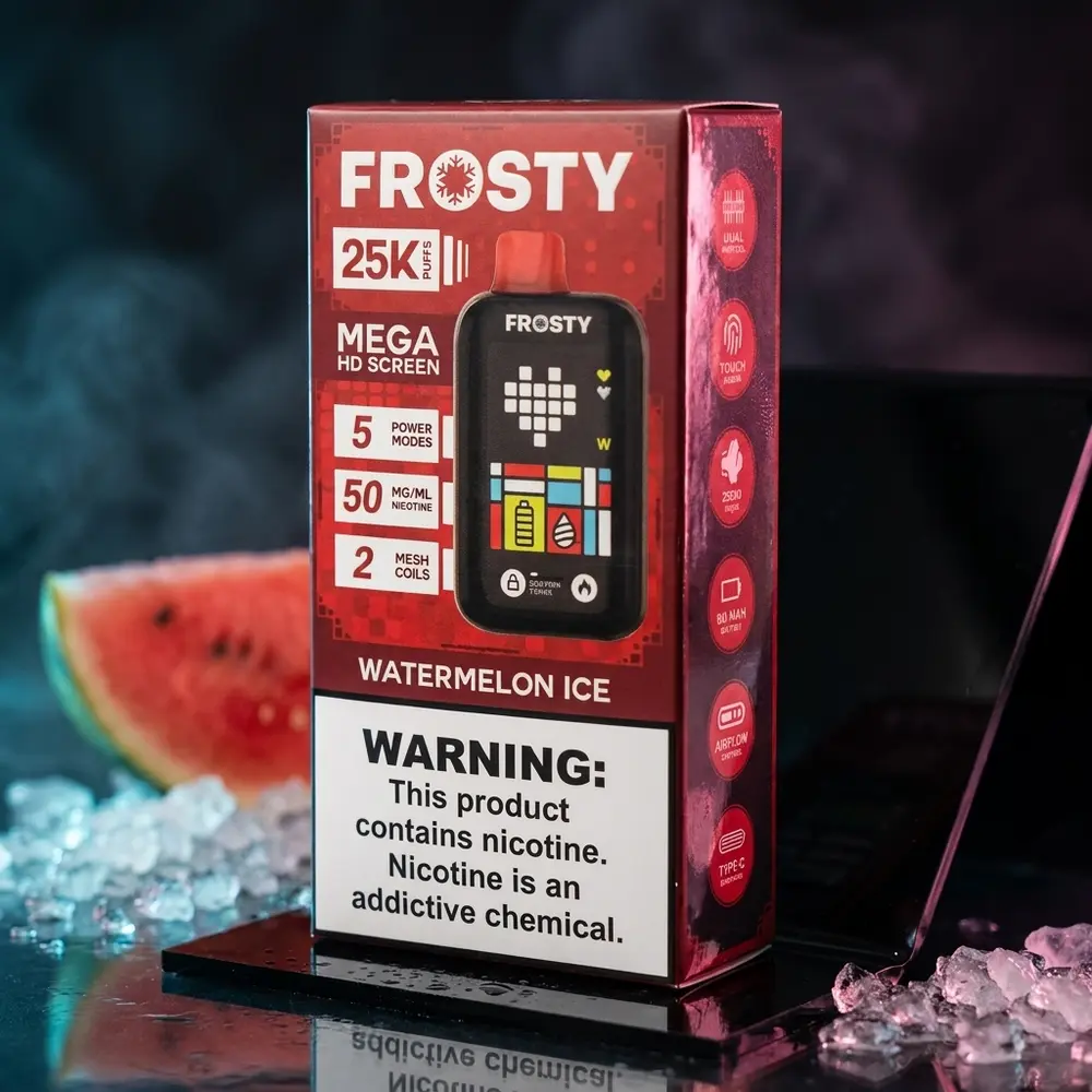 Pod Descartável Frosty Watermelon Ice sobre acrílico molhado em estúdio com iluminação azul-magenta intensa - Vapor Gringo