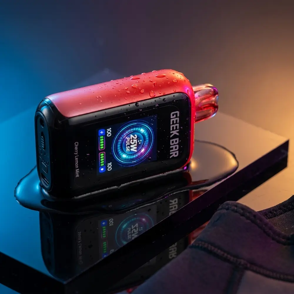 Pod descartavel Geek Bar SkyView 25.000 puffs sobre base acrilica preta com luzes azul e ambar - Vapor Gringo