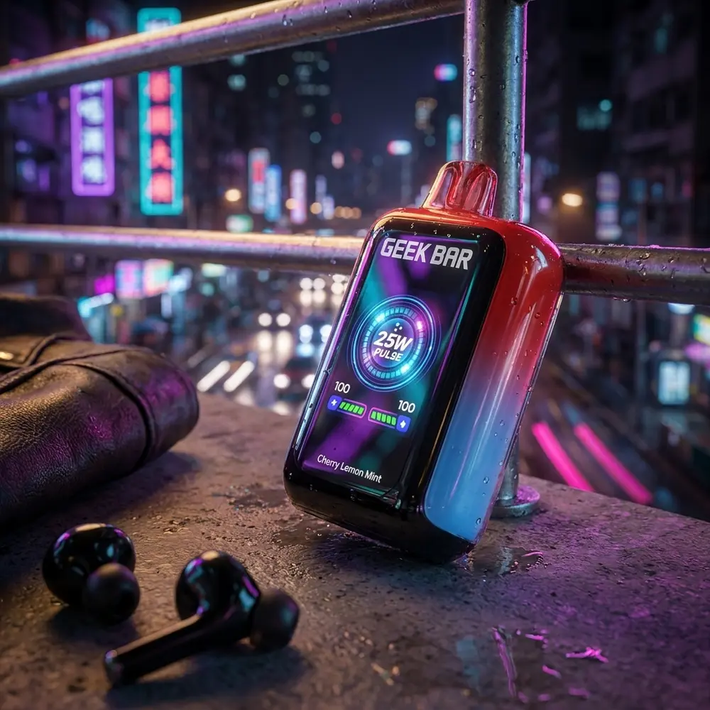 Pod Geek Bar SkyView apoiado em parapeito molhado com reflexos neon da cidade ao fundo, vibe noturna - Vapor Gringo