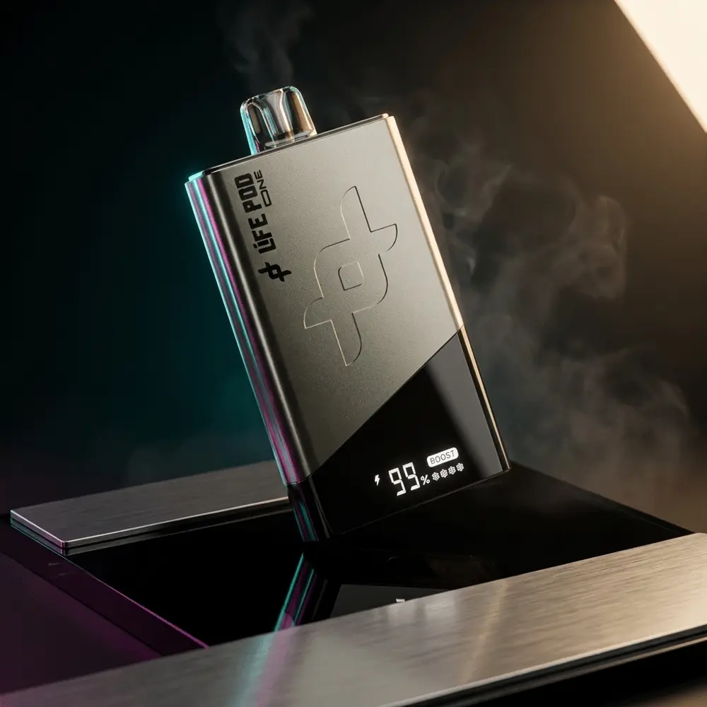 Pod Descartável Life Pod Space Gray sobre superfície acrílica preta, luzes frias e reflexos metálicos - Vapor Gringo