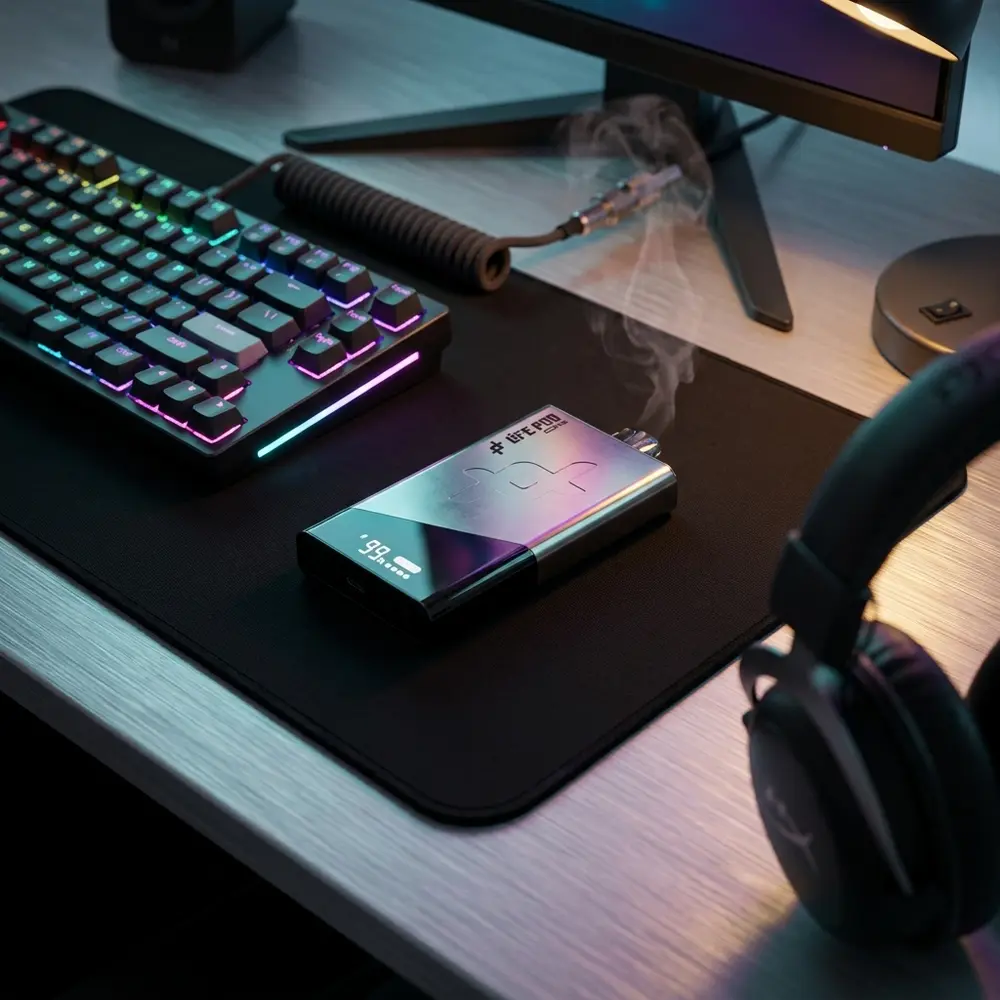 Pod Descartável Life Pod Space Gray apoiado em teclado mecânico RGB, luzes coloridas e vapor sutil - Vapor Gringo