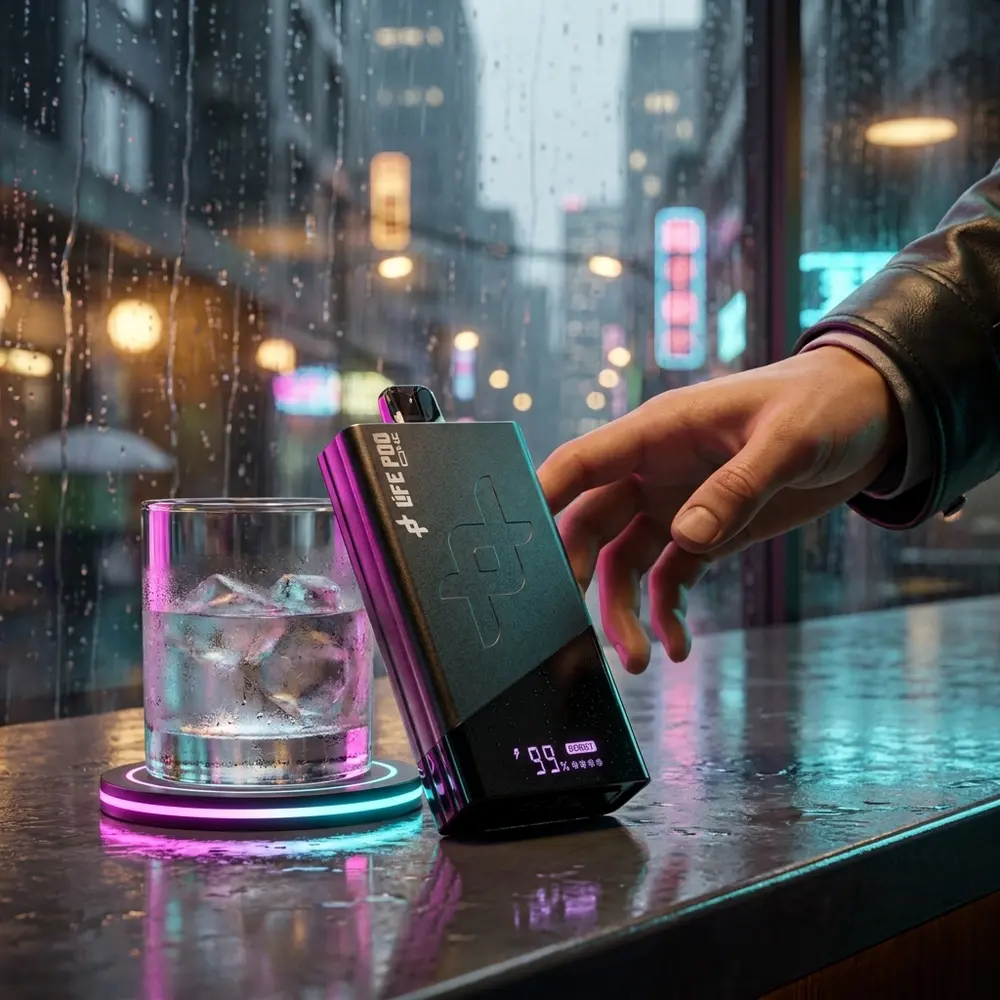 Life Pod The One Carbon Black apoiado em balcão urbano com luzes neon magenta e cyan e copo condensado ao lado - Vapor Gringo