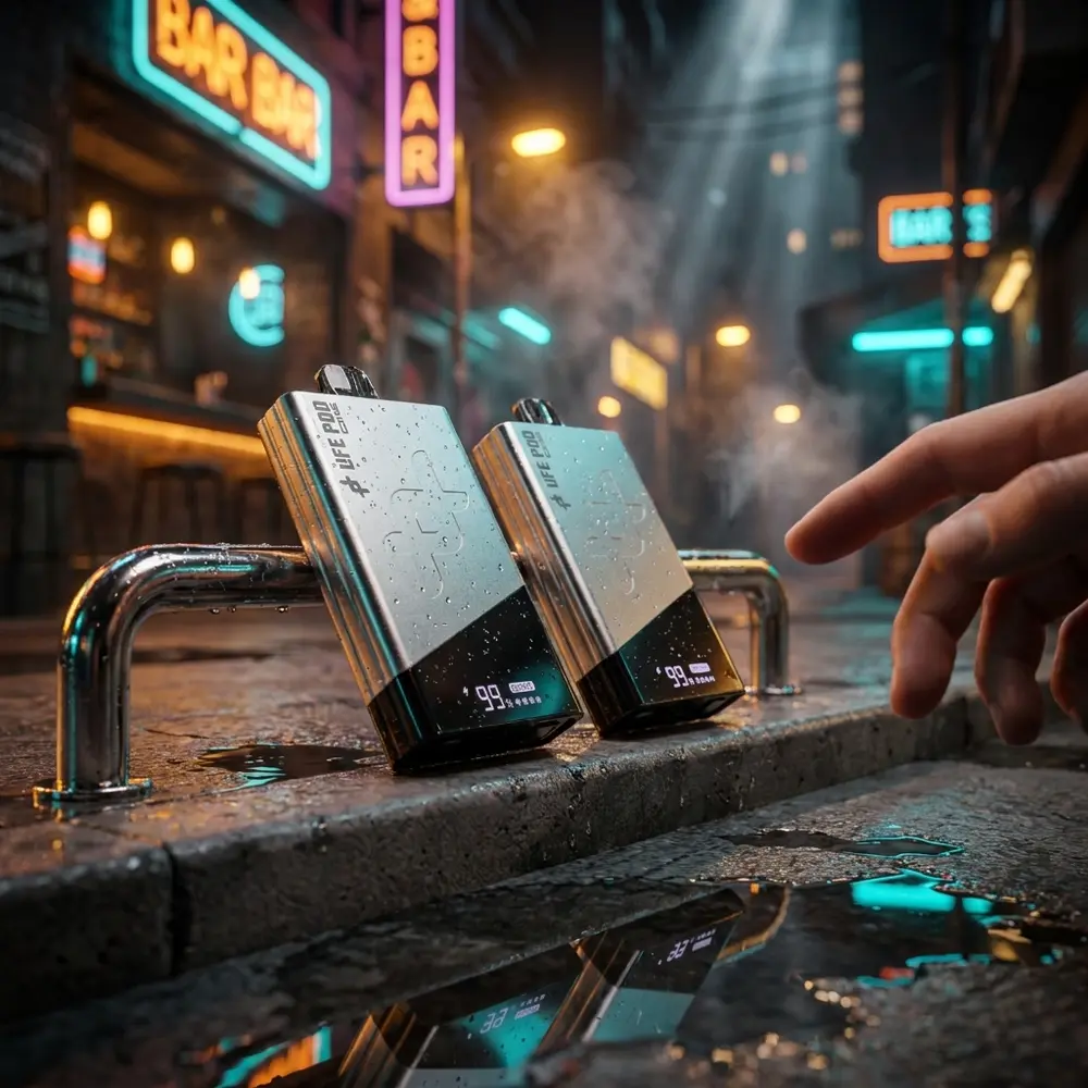Life Pod The One Silver sobre parapeito molhado com reflexos de neon urbano e luzes de rua desfocadas - Vapor Gringo