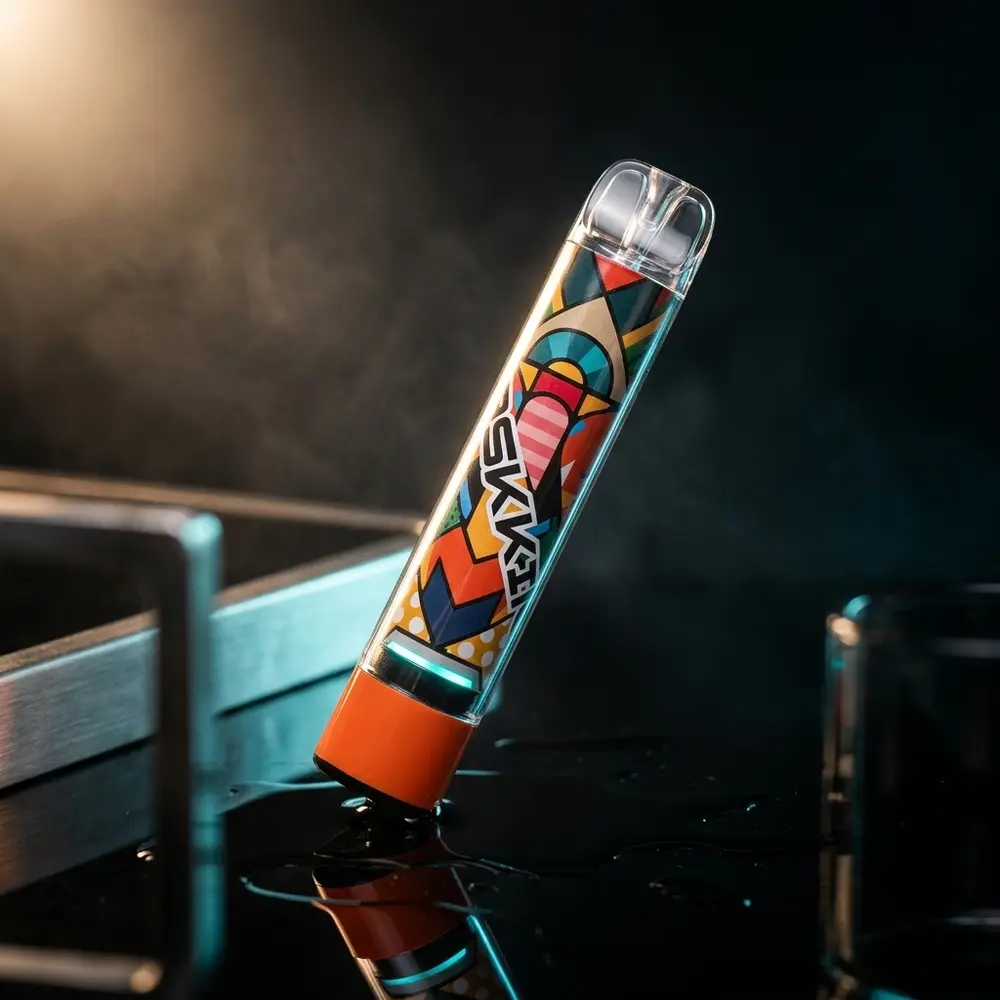 Pod Descartável Maskking High Pro Max suspenso em estúdio escuro com LED colorido e reflexão em acrílico - Vapor Gringo