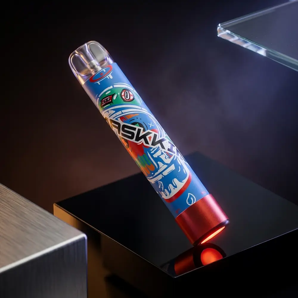 Pod Descartavel Maskking High Pro Max suspenso sobre base acrilica escura com LED aceso e luzes azul-purpura - Vapor Gringo