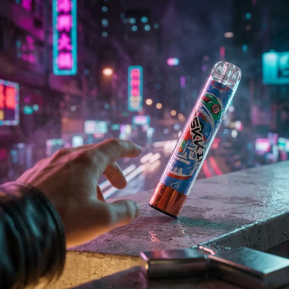 Pod Descartavel Maskking High Pro Max apoiado em parapeito molhado de bar rooftop com luzes neon desfocadas - Vapor Gringo