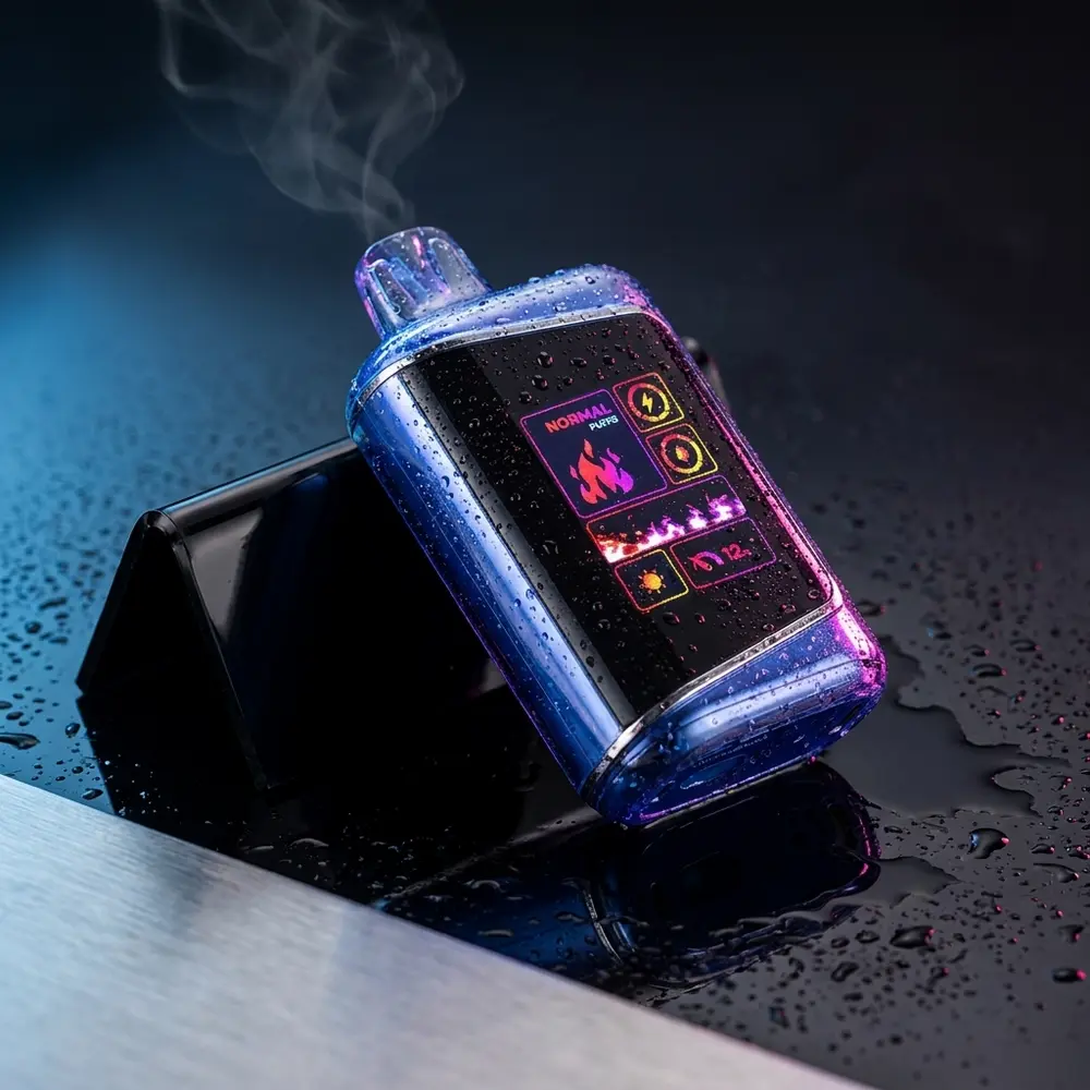 Pod descartável NikBar Blueberry Watermelon apoiado em base acrílica com iluminação azul e rosa e gotas de condensação - Vapor Gringo