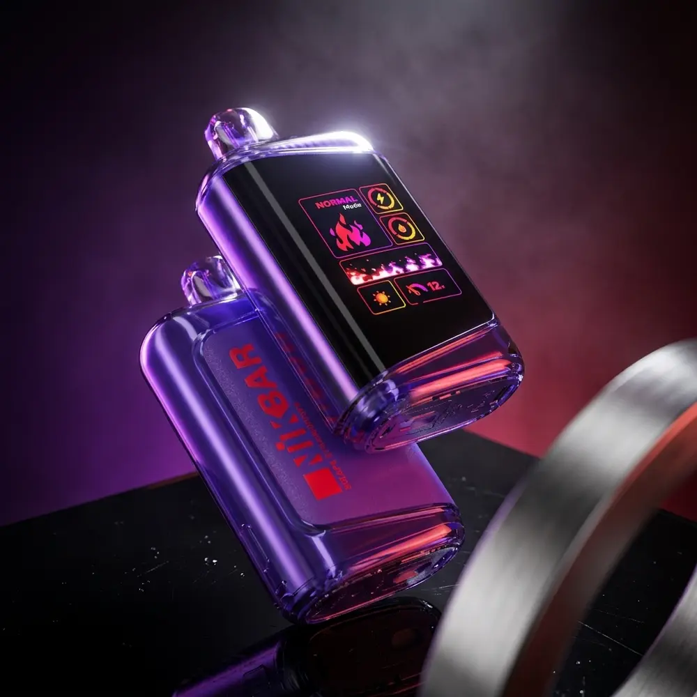 Pod Descartavel NikBar Grape Strawberry suspenso sobre placa acrilica preta com luzes roxo e vermelho - Vapor Gringo