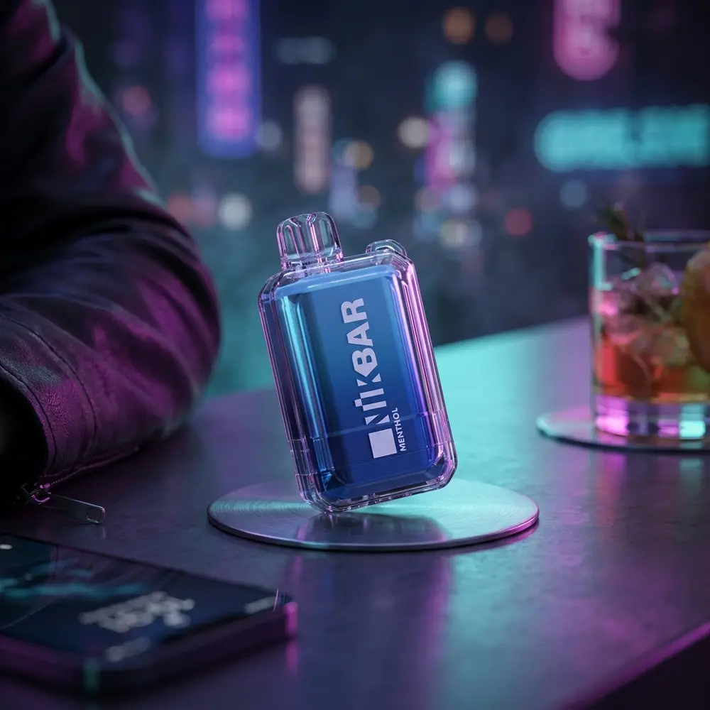 Pod Descartavel NikBar Menthol apoiado em balcão urbano com reflexos neon azul e magenta e objetos desfocados - Vapor Gringo