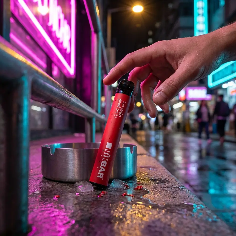 Pod NikBar Plus Strawberry Ice apoiado num banco urbano molhado com reflexos neon e uma mao alcançando o produto - Vapor Gringo