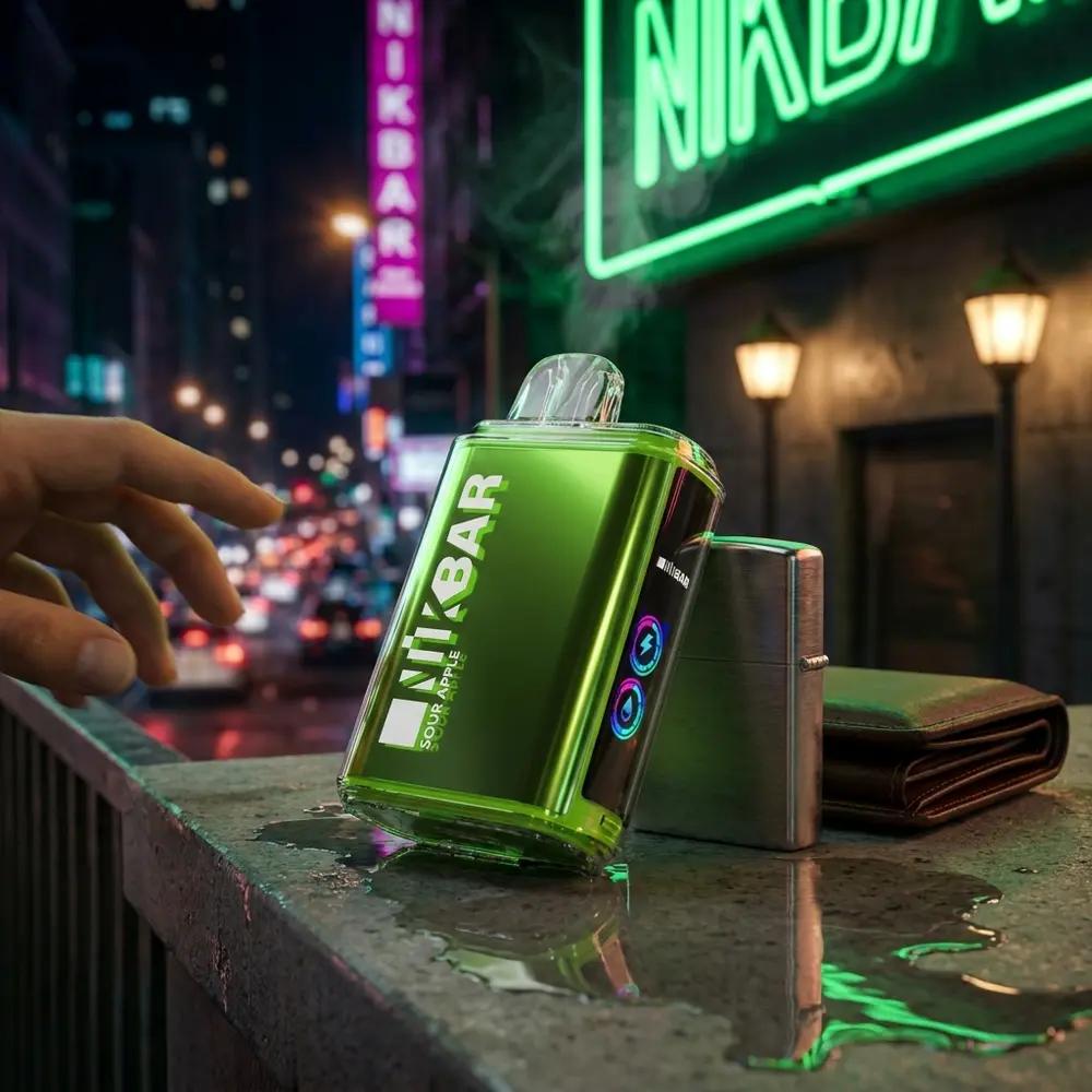 Pod descartavel NikBar Sour Apple apoiado em parapeito urbano molhado com luzes neon verdes ao fundo - Vapor Gringo
