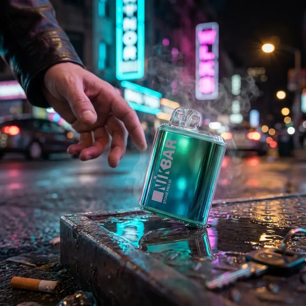 Pod descartável NikBar Stone Freeze sobre beiral urbano molhado com reflexos neon e mão alcançando - Vapor Gringo