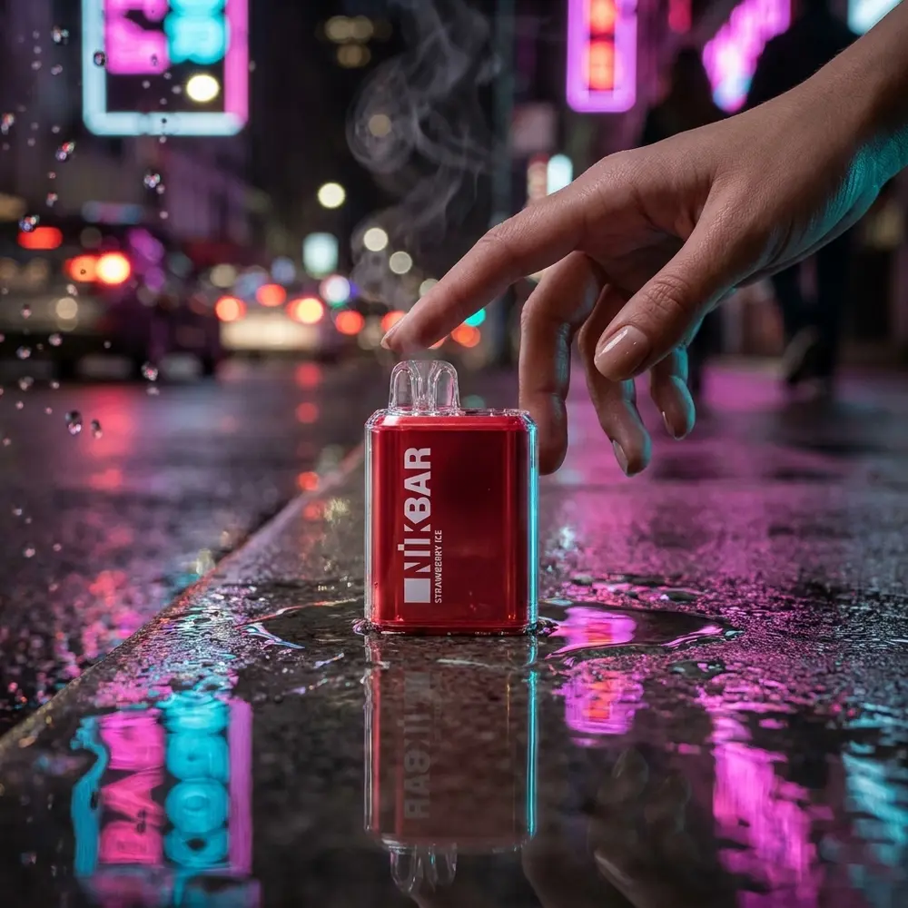 Pod Descartável NikBar Strawberry Ice apoiado na mão de um vaper em rua noturna com neon e reflexos molhados - Vapor Gringo