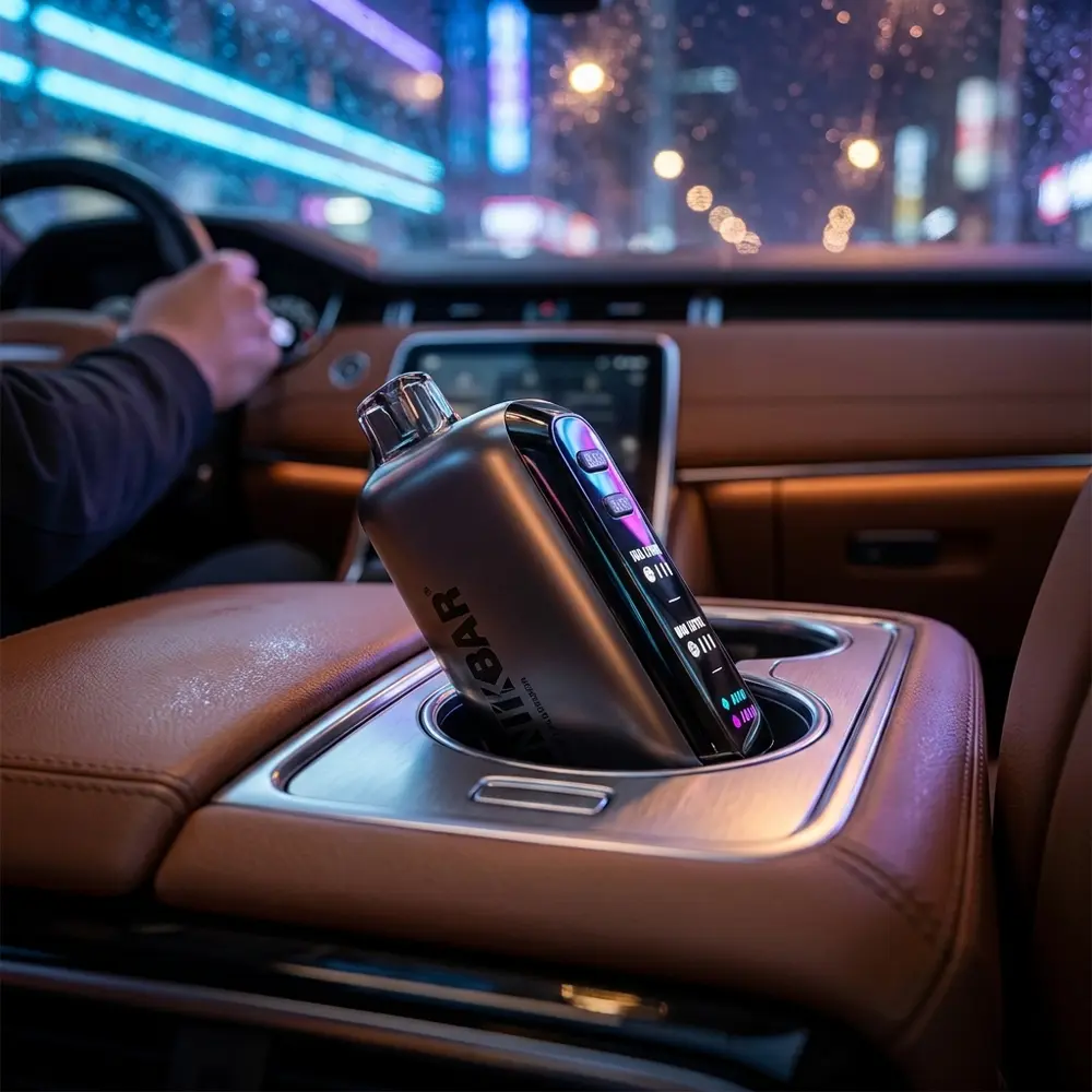 Pod Descartável NikBar Triple Chill no apoio de braço de carro de luxo, luzes neon urbanas e reflexos ao fundo - Vapor Gringo