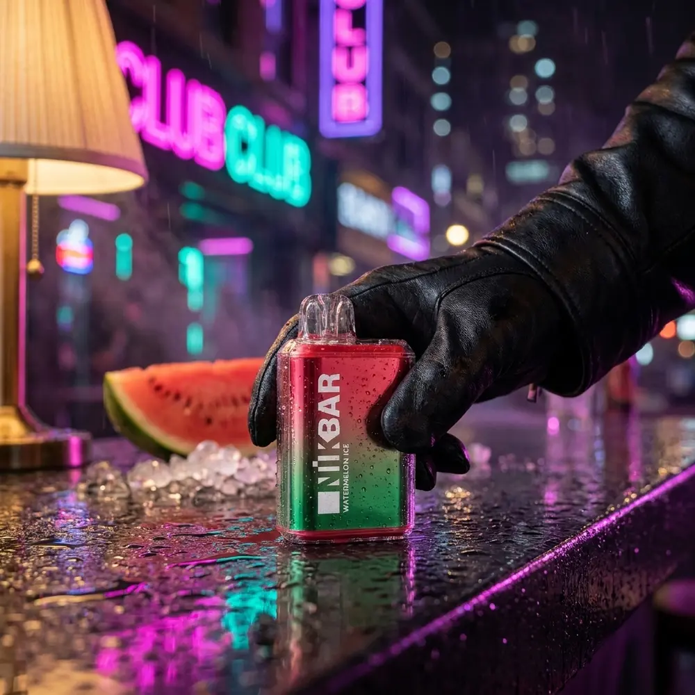 Pod Descartavel NikBar Watermelon Ice sobre bancada molhada de bar neon, mao segurando o aparelho e luzes urbanas ao fundo - Vapor Gringo