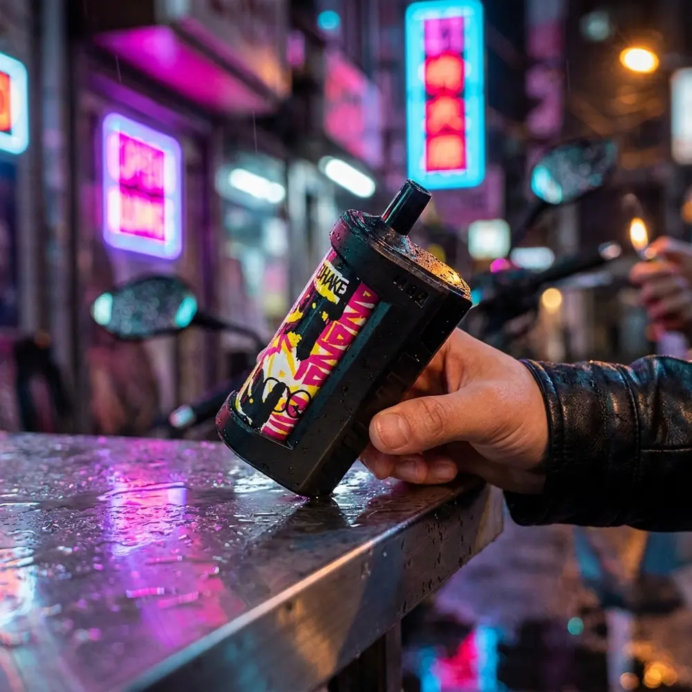 Pod Descartavel Off White 5.000 Puffs apoiado em guarda-corpo molhado numa rua noturna com neon e reflexos - Vapor Gringo