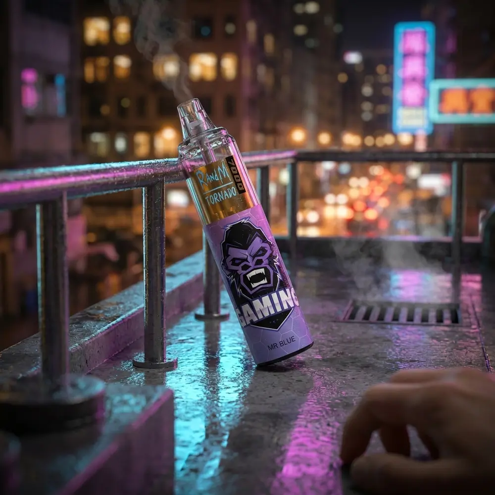 Pod Descartavel Rand M Tornado Mr. Blue apoiado em parapeito urbano molhado com luzes neon da cidade ao fundo - Vapor Gringo
