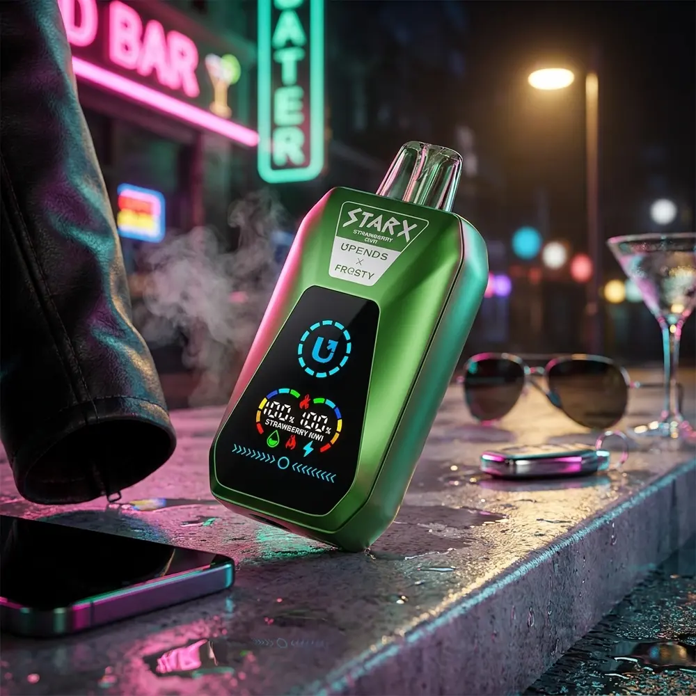 Pod Descartável StarX Frosty encostado em parapeito molhado, reflexos de neon rosa e verde em cena urbana noturna - Vapor Gringo