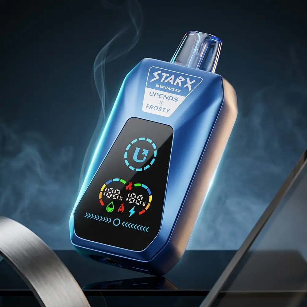 Pod Descartavel StarX Frosty Blue Razz Ice suspenso sobre placa acrilica com reflexos frios e luzes azuis - Vapor Gringo