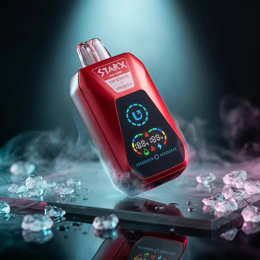 Pod Descartavel StarX Frosty Pink Burst inclinado sobre acrilico com iluminacao rosa e azul e gelo - Vapor Gringo