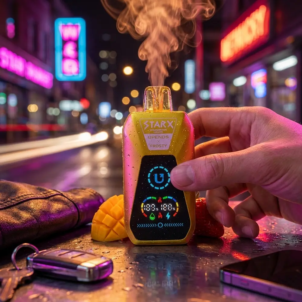 Pod descartável StarX Frosty na mão sobre balcão urbano molhado, reflexos neon rosa e laranja e fatia de manga ao fundo - Vapor Gringo