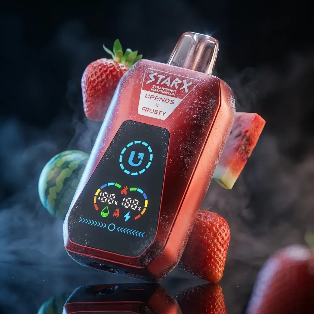Pod descartavel StarX Frosty morango-melancia em estudio cinematico com reflexos frios e acabamento espelhado - Vapor Gringo