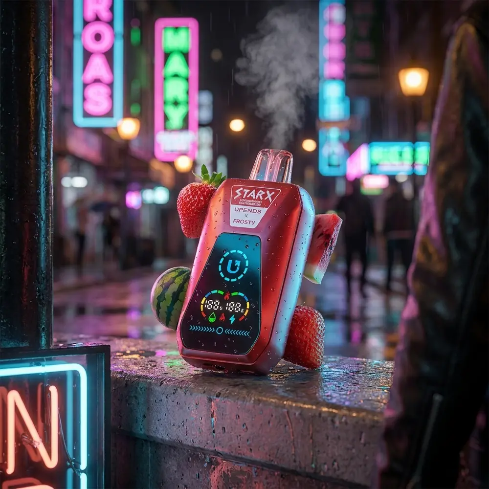 Pod descartavel StarX Frosty sobre bancada urbana molhada com luzes neon rosa e verde ao fundo - Vapor Gringo