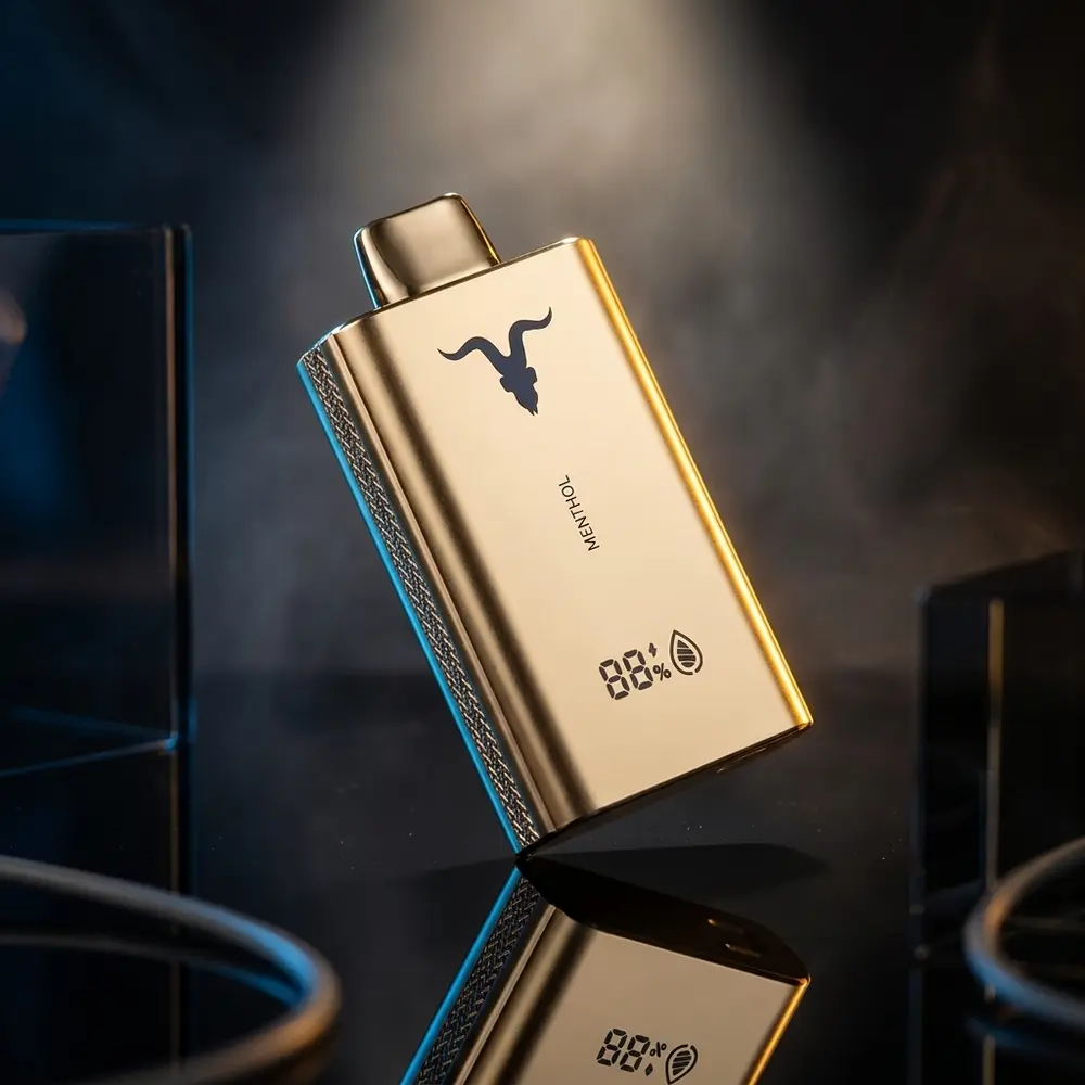 Pod Descartável V120 Pró Ignite Gold sobre acrílico preto com iluminação dourada e reflexos intensos - Vapor Gringo
