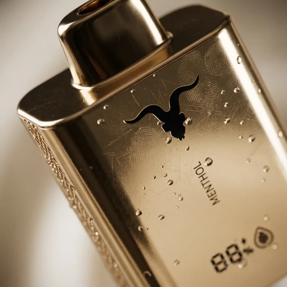 Macro do Pod Descartável V120 Pró Ignite Gold mostrando bocal, logotipo e acabamento preto espelhado com gotas - Vapor Gringo