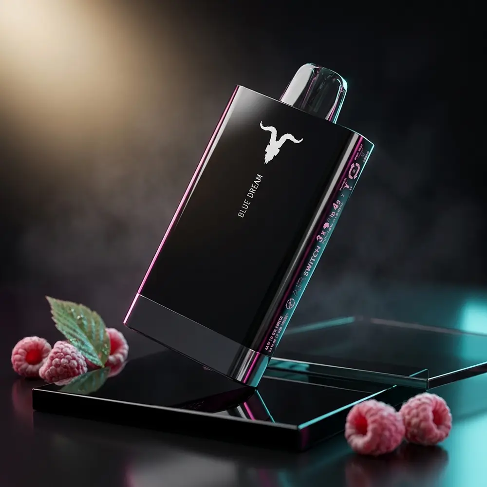 Pod Descartável V150 Ignite Black sobre acrílico preto espelhado, iluminação dramática e pequenos frutos sugerindo sabor - Vapor Gringo