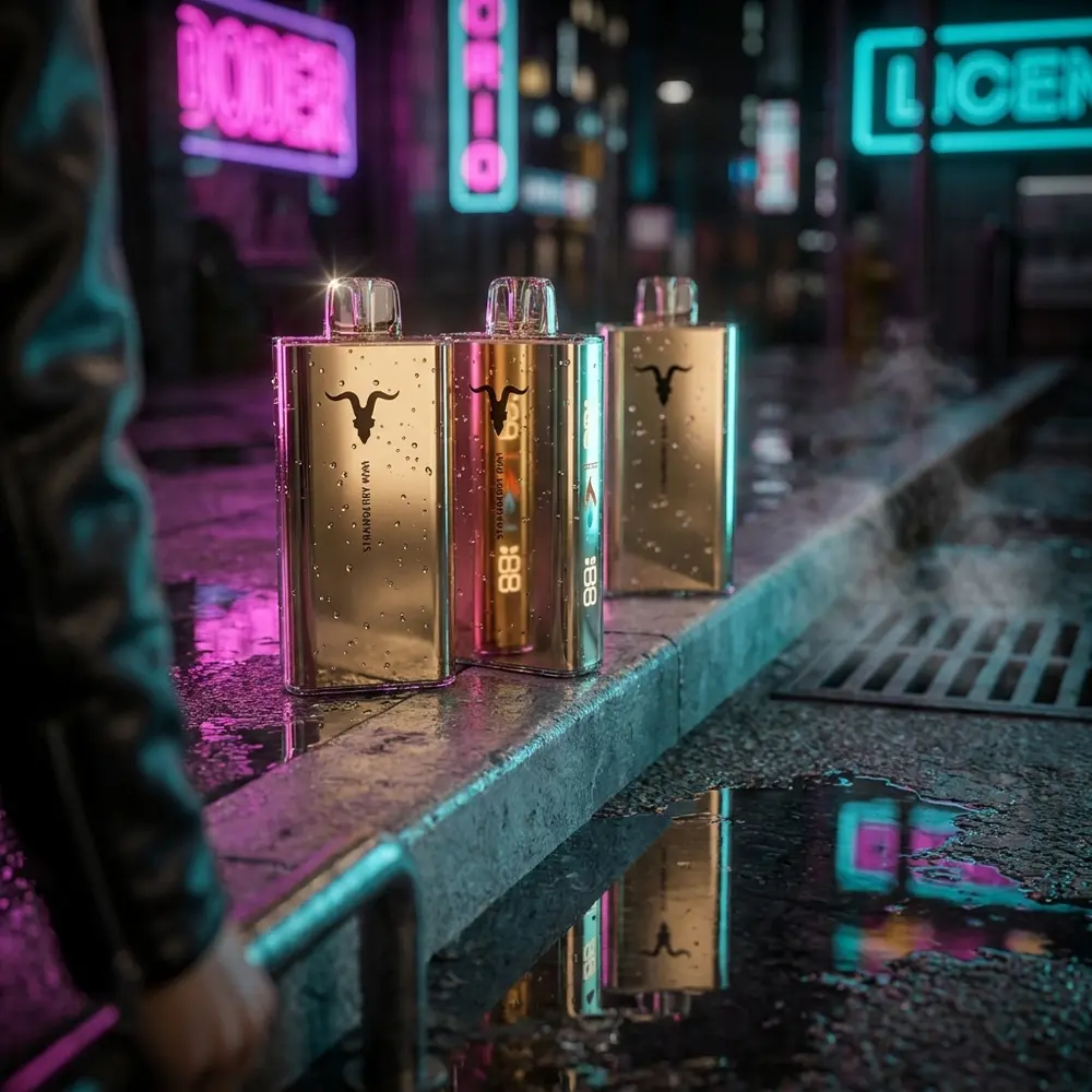 Pod Descartável V250 Ignite Gold apoiado em beiral urbano molhado com reflexos de neon e bokeh de cidade - Vapor Gringo