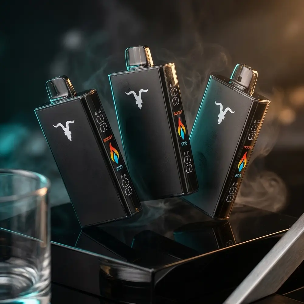Pod Descartavel V250 Ignite Black Edition sobre base acrilica preta com luzes teal e amber, close dominante - Vapor Gringo