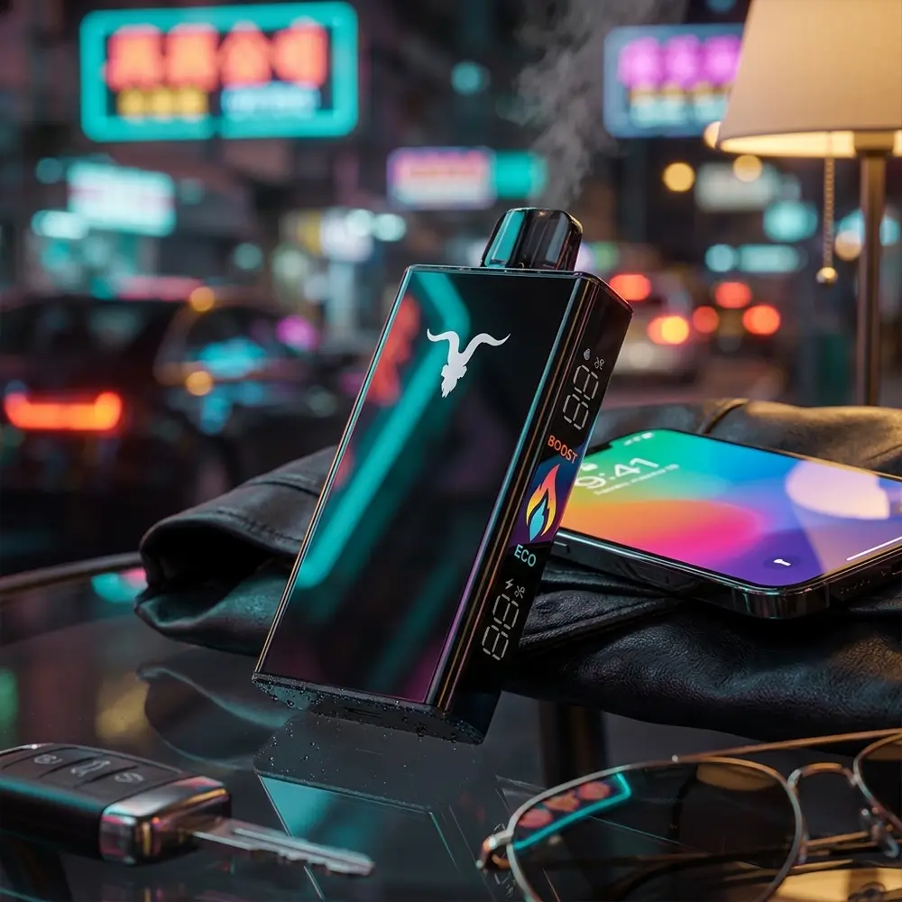 Pod Descartavel V250 Ignite apoiado em mesa de vidro com neon urbano desfocado e objetos de lifestyle - Vapor Gringo
