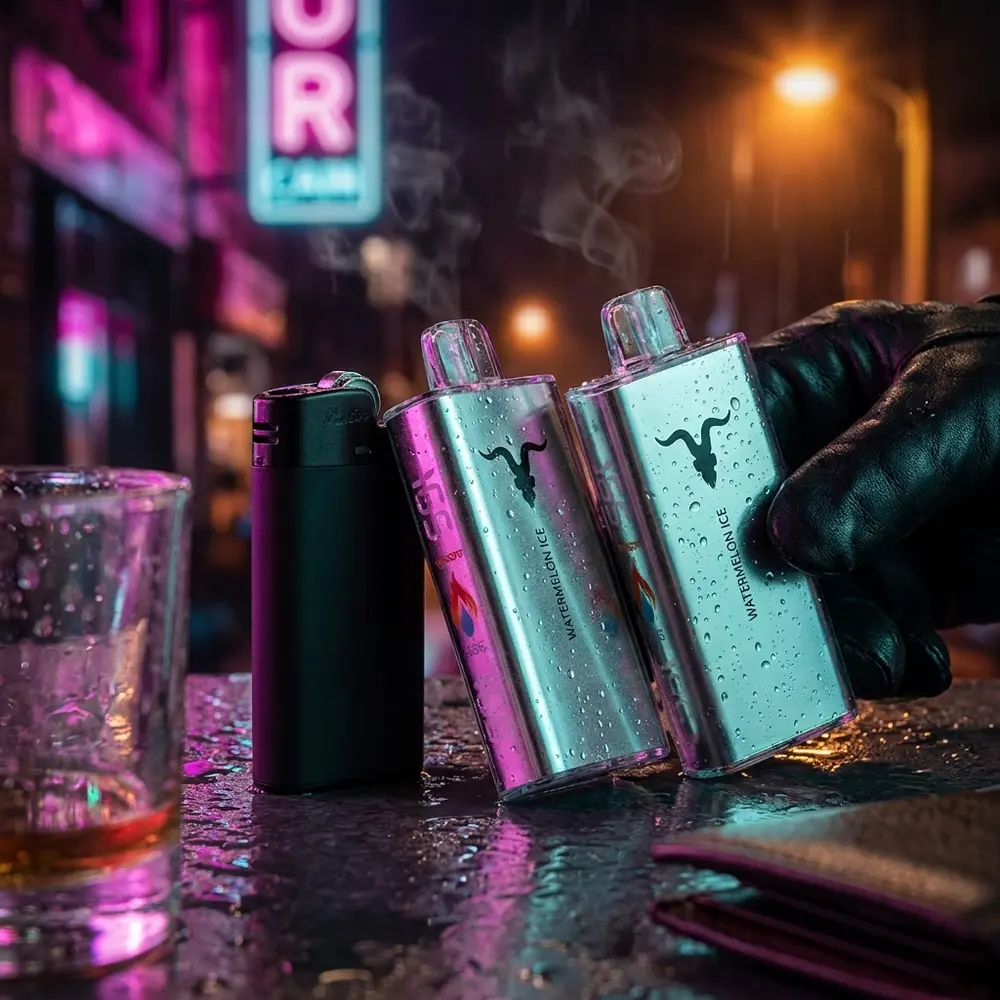 Pod Descartável V250 Ignite prata apoiado em balcão urbano molhado, luzes neon rosa e azul ao fundo - Vapor Gringo