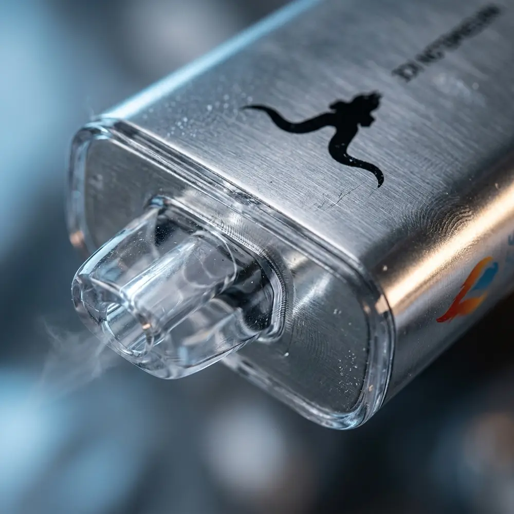 Detalhe do bocal do Pod V250 Ignite prata mostrando acabamento metálico, logo legível e gotas de condensação - Vapor Gringo