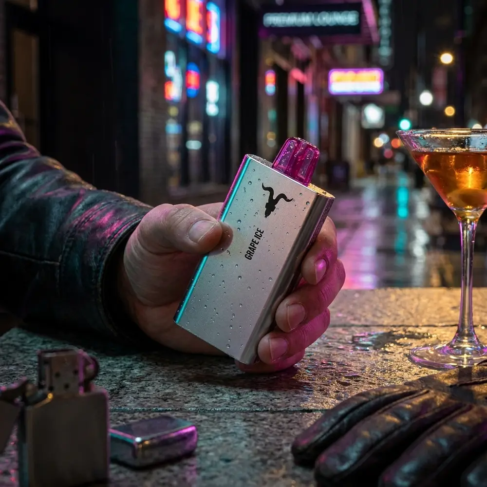 Pod Descartavel V50 Ignite segurado por um vaper, luzes neon urbanas ao fundo e superfície molhada refletindo - Vapor Gringo