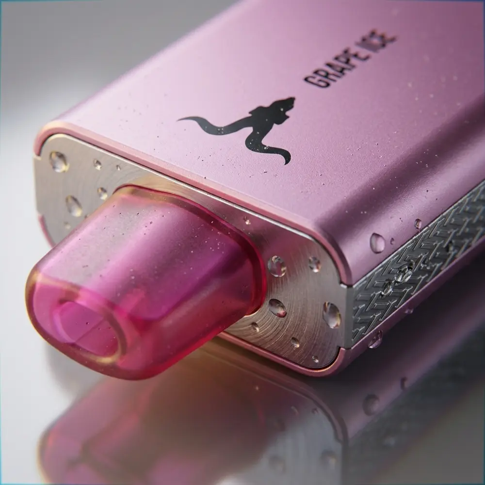 Close-up do Pod Descartavel V50 Ignite mostrando bocal, textura, reflexos metálicos e gotas de condensacao - Vapor Gringo