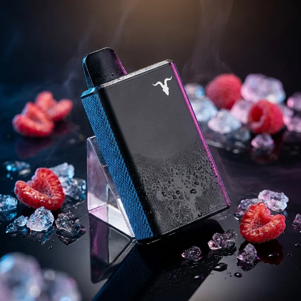 Pod Descartavel V60 Ignite Blue Razz Ice sobre acrilico molhado com gelo e framboesas, close de estudio - Vapor Gringo