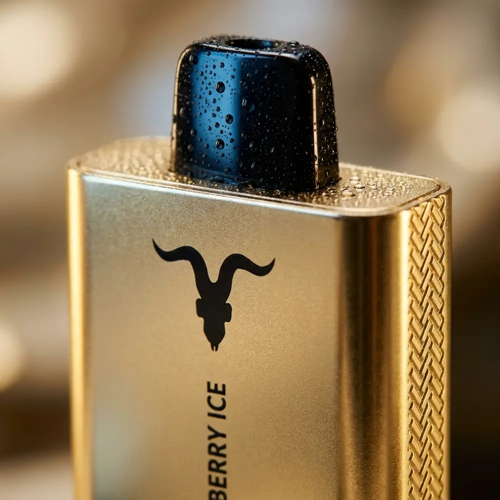 Close-up do Pod Descartável V80 Ignite Gold mostrando logo, textura metálica e gotas de condensação na boca - Vapor Gringo