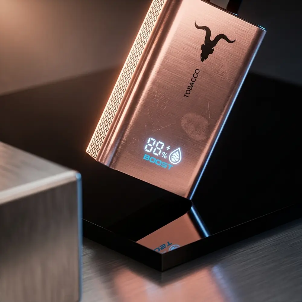 Pod Descartável V80 Ignite Rose Gold suspenso sobre acrílico preto com reflexos rose gold e luz contrastante - Vapor Gringo