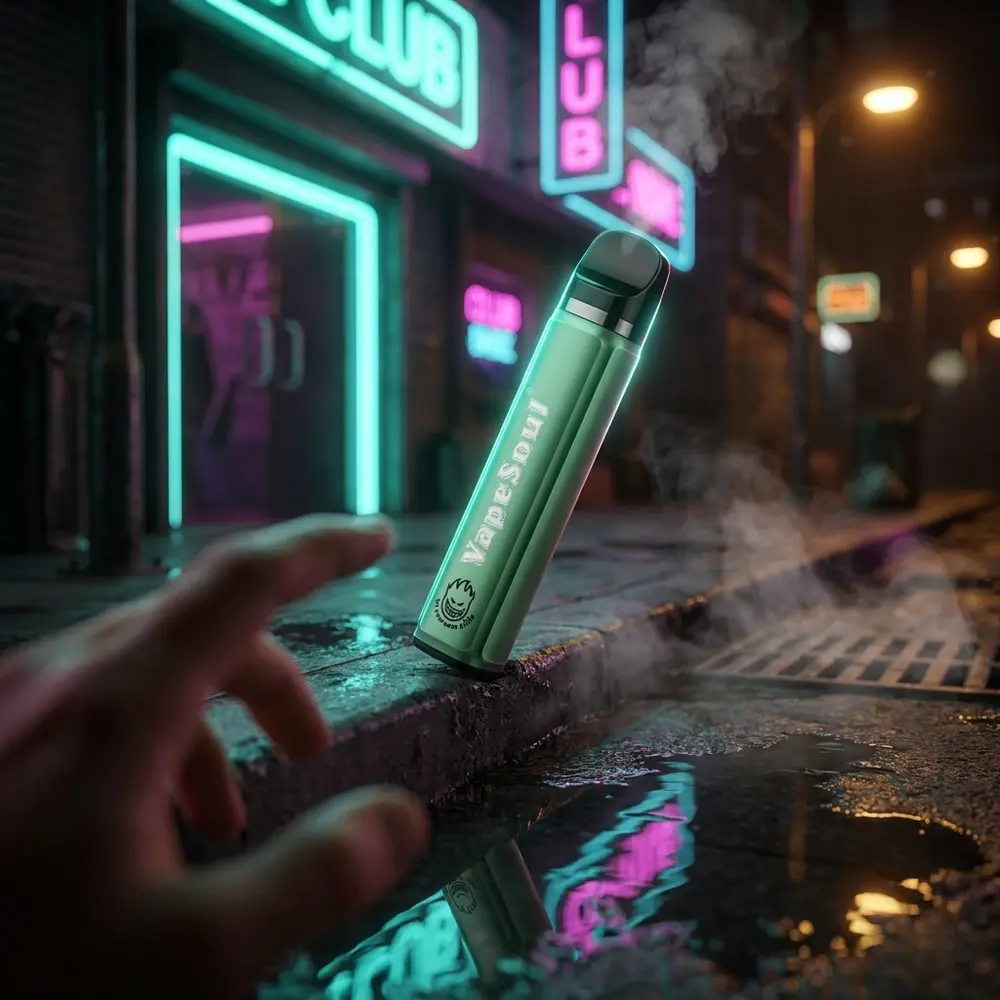 Pod Vapesoul Ice Mint apoiado em parapeito urbano molhado com reflexos neon verdes e borramento - Vapor Gringo