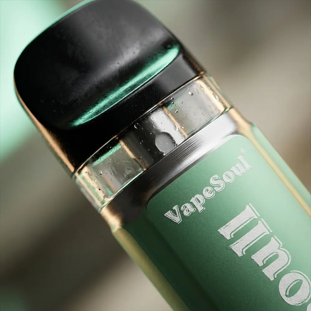 Close-up do pod Vapesoul Ice Mint mostrando bocal, etiqueta e gotas de condensacao em detalhe - Vapor Gringo