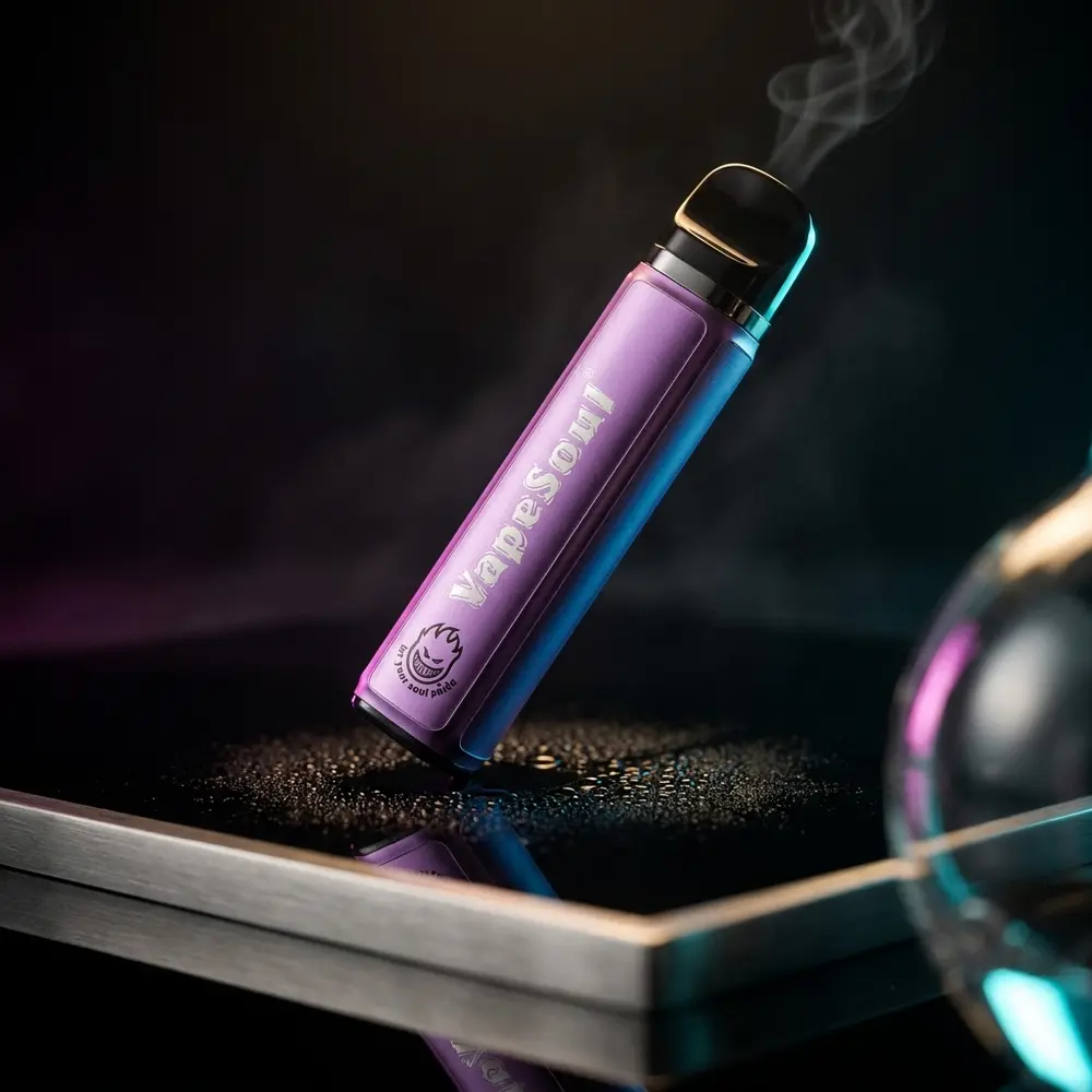 Pod descartavel Vapesoul Apple Champagne em close dramático sobre base acrilica negra com gotas e luzes frias e quentes - Vapor Gringo